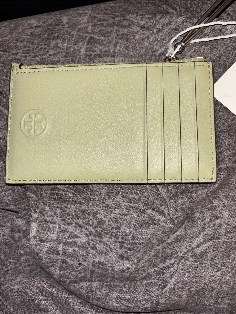 Tory Burch Pale Green Leather Card Holder with Wrist Strap